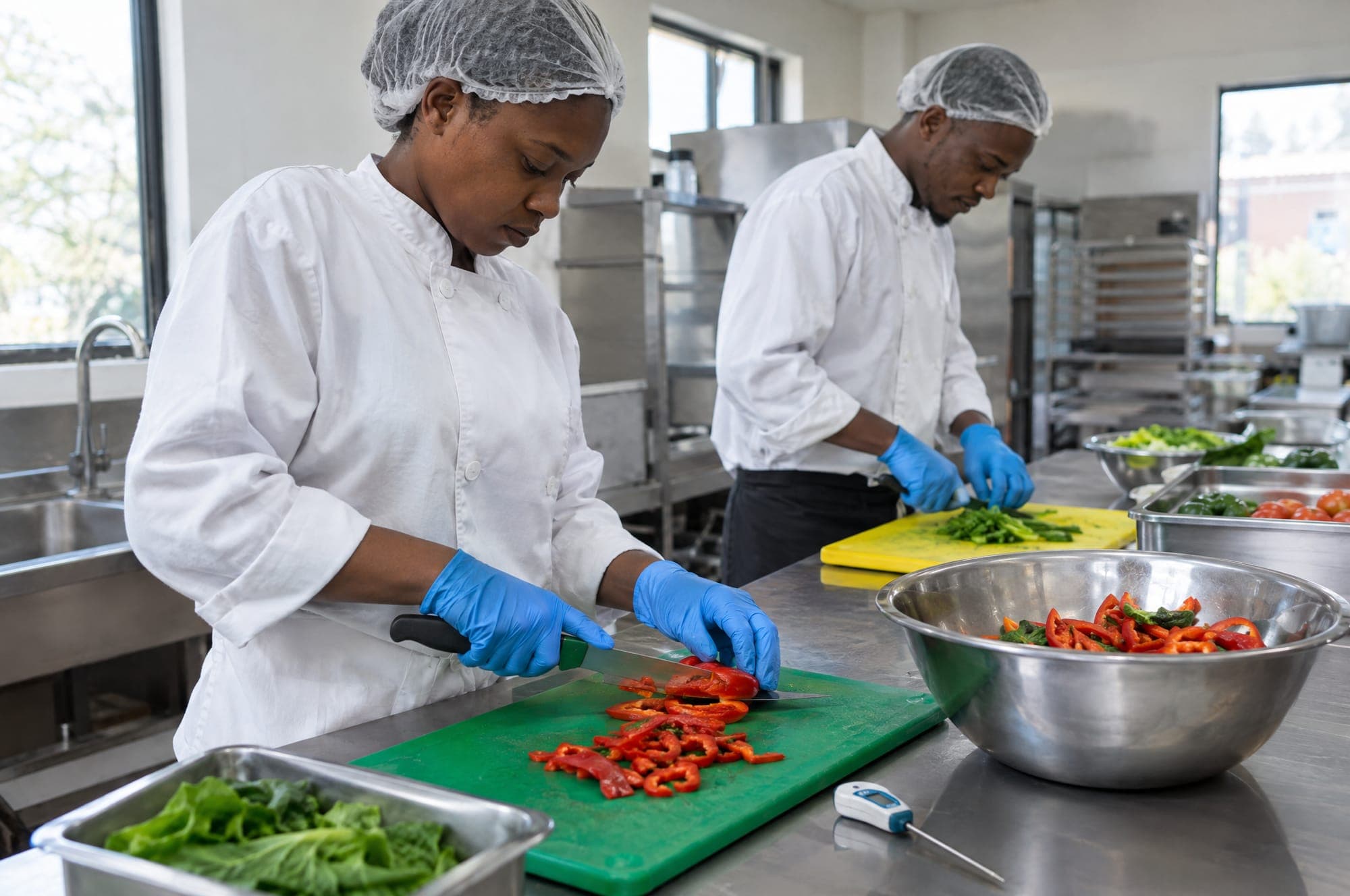 Illustration: chefs preparing food in a stainless steel commercial kitchen