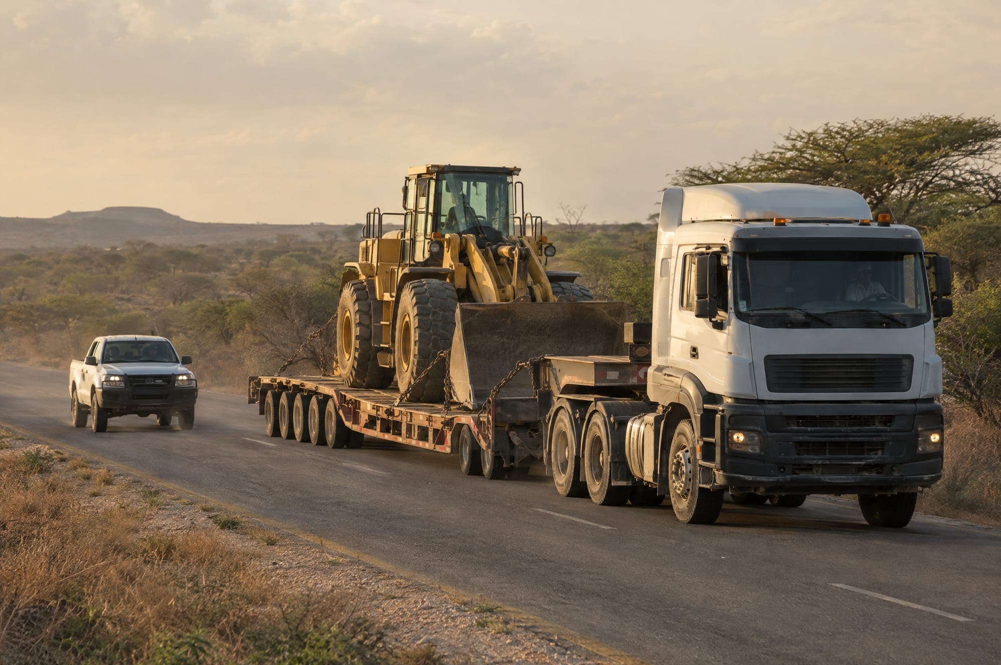 Illustration: a low-bed truck carrying heavy equipment on a road