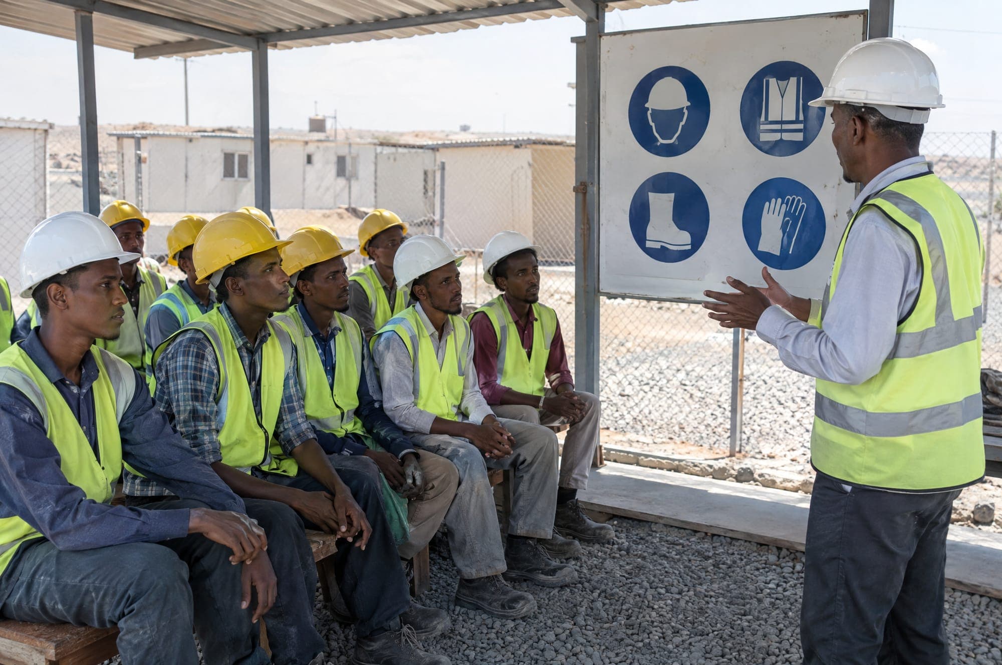 Illustration: an induction briefing for a group of new workers