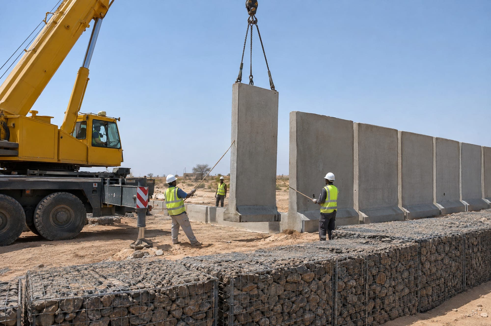 Illustration: a crane placing a concrete T-wall beside a row of gabion barriers