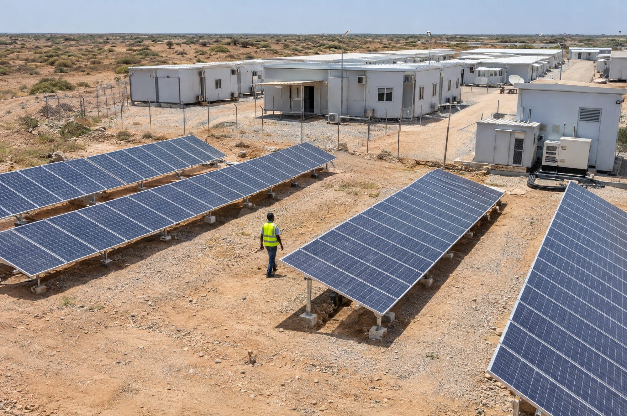 Illustration: a solar array beside accommodation units at a compound