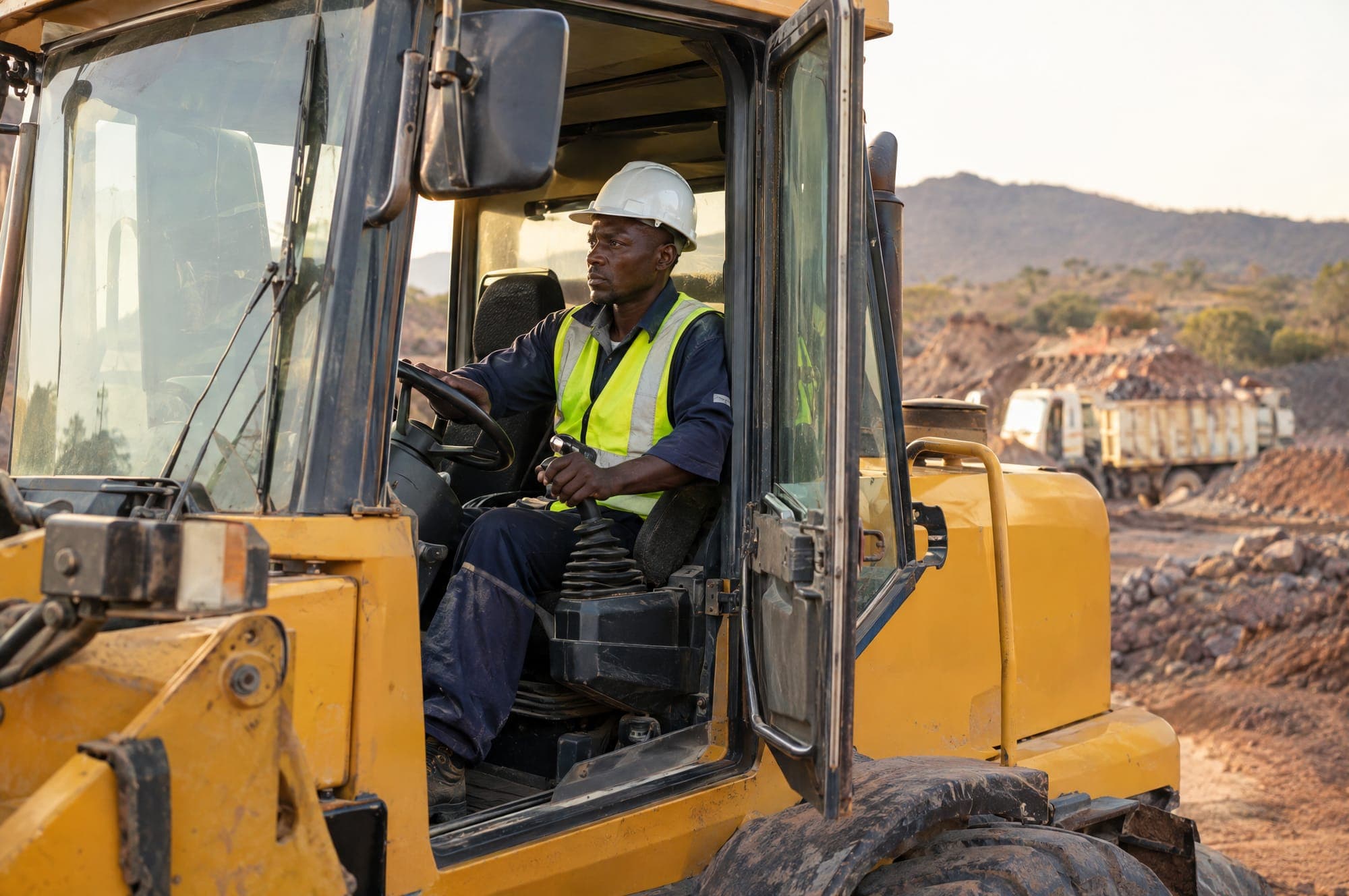 Illustration: an operator in the cab of a wheel loader