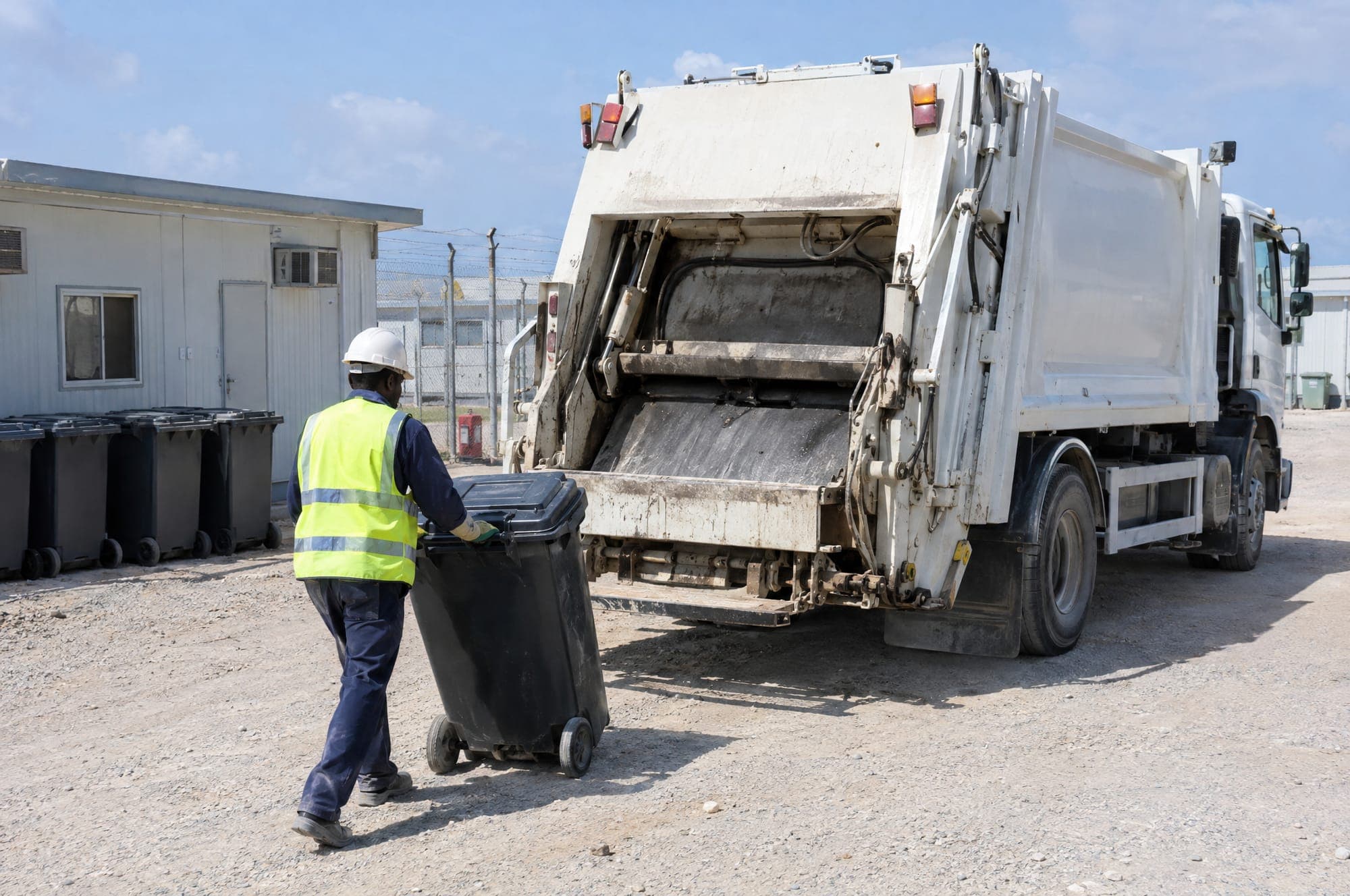 Illustration: a waste collection truck at a compound